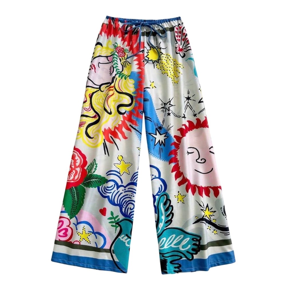 Artistic Multicolor Sun Star Print‎ Wide Leg Drawstring Pants Womens Medium